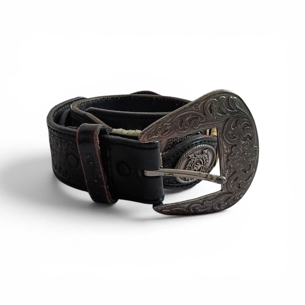 Vtg 1995 Cinch Black Genuine Leather Concho Belt Western Goth Cowboycore Size 34